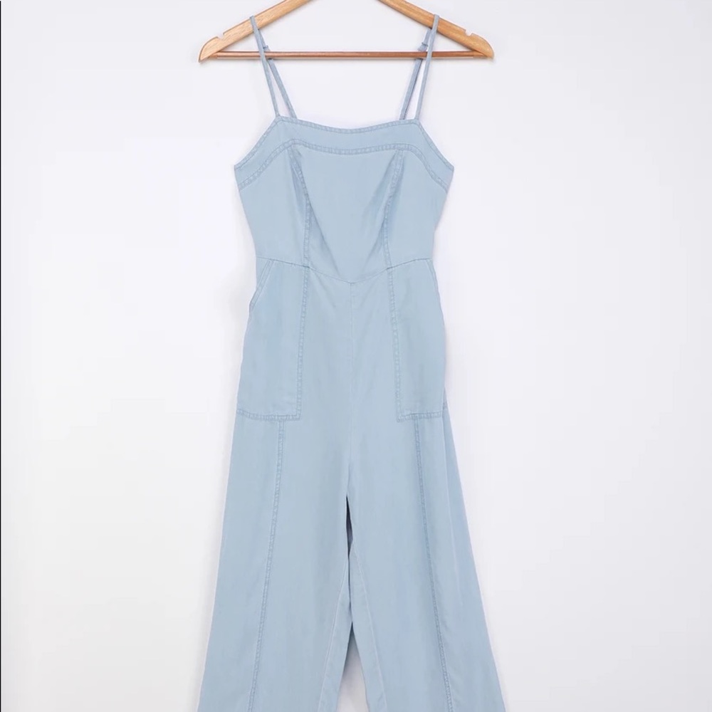 Lulus Simply Darling Light Blue Chambray Tie-Back Cutout Jumpsuit